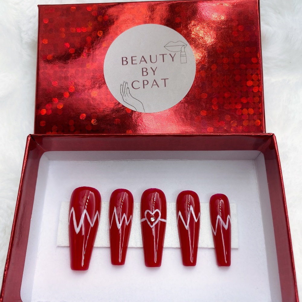Heartbeat Red White V-Day Luxury Press On Nails